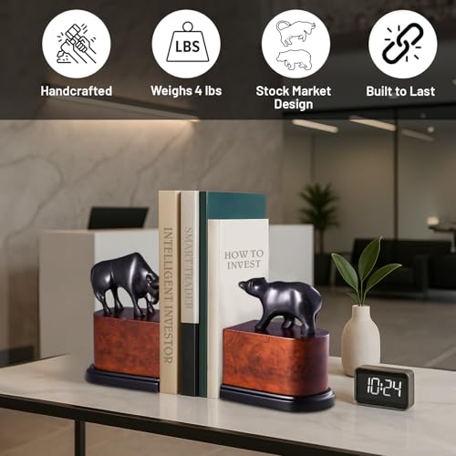 Bey-Berk Bull & Bear Bookends, Black – Bronzed Cast Metal with Burl Wood Base, Heavy-Duty Office, Desk & Bookshelf Stand