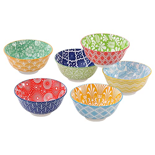 Cereal Bowl Porcelain Soup Bowls - Ceramic Bowl Set Kitchen 23 oz - 6 Inch Deep Colorful Bowls for Serving Breakfast | Oat | Oatmeal | Ramen | Pho | Noodle - Microwave and Dishwasher Safe - Set of 6 - size: 6.25 inch