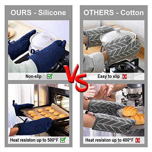 KEGOUU Oven Mitts and Pot Holders 6pcs Set, Kitchen Oven Glove High Heat Resistant 500 Degree Extra Long Oven Mitts and Potholder with Non-Slip Silicone Surface for Cooking(Marine Blue) - color: Marine Blue