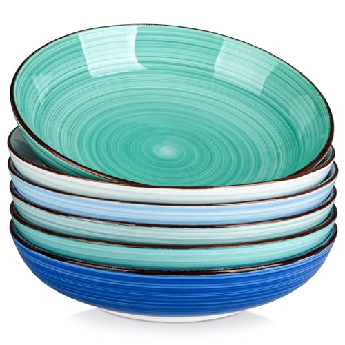 vancasso Bonita Pasta Bowls Set of 6, 50oz Large Salad Bowls for Kitchen, Stoneware Serving Bowls Dishwasher & Microwave Safe, Blue Bowl Set - color: Cool Color, size: 50 Oz