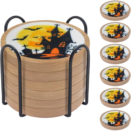 Halloween Coasters Set of 6, Unique Coaster, Minacun Absorbent Coasters with Holder Halloween Thanksgiving Themed Party Decoration 4.3 Inch - color: #6-halloween