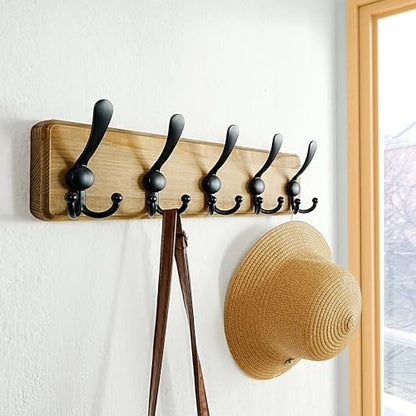 Coat Rack Wall Mount - Heavy-Duty Robust Barnwood-Style Wooden Wall Coat Hanger Hook Rail with 5 Triple Hooks for Winter Coats Hat Jacket Clothing, Weathered Brown & Black - color: Weathered Brown & Black, size: L=17.4"