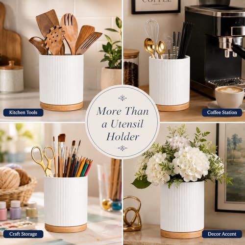 360 Rotating Cooking Utensil Holder,Kitchen Utensil Holder for Countertop | Utensil Crock for Kitchen Counter with Rotatable Wooden Base,Ideal Gifts for Housewarming Home Chefs and Cooking - color: white