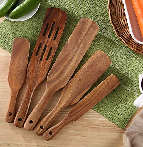 MESSON Wooden Spatulas Set of 5, Teak Wood Spurtles for Nonstick Cookware | Teak Wood, Heat Resistant, Lightweight, Nonstick Safe, for Instant Pot Baking & Stirring, Easy Grip Handle with Hanging Hole