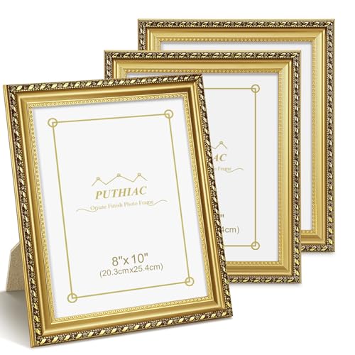 8x10 Gold Picture Frame Set of 3, Vintage Ornate Decorative Photo Frames, Tabletop or Wall Display, Acrylic Front, Antique Gold - color: Antique Gold 3P, size: 8x10