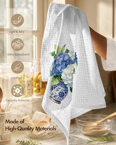 Flour Sack Kitchen Towels Set of 2, 18x26 Inch, Hydrangea | 150GSM Cotton, Lint-Free, Quick Dry, Hanging Loop, Lightweight Tea Towels, French Home Decor, Chinoiserie, Housewarming Gift - color: Hydrangea
