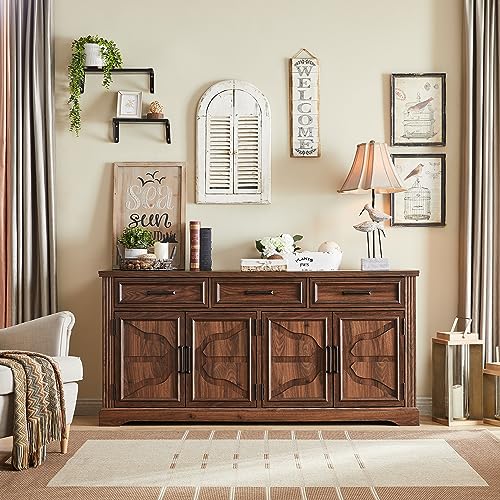 66" Farmhouse Buffet Cabinet with Storage, Sideboard Credenza, Carved Cloud-Inspired Doors, 3 Drawers & Adjustable Shelves, Coffee Bar Cabinet, Dark Brown - color: Dark Brown