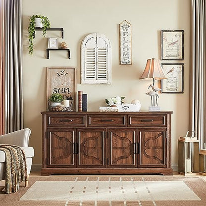 66" Farmhouse Buffet Cabinet with Storage, Sideboard Credenza, Carved Cloud-Inspired Doors, 3 Drawers & Adjustable Shelves, Coffee Bar Cabinet, Dark Brown - color: Dark Brown