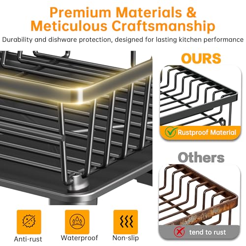 2 Tier Large Detachable Dish Drying Rack for Kitchen Counter,Black | Compact Drying Rack Kitchen, Rust-Resistant Dish Drainer Organizer, Space-Saving Dish Racks with Drainboard, Utensil Holder - color: 2 Tier-black