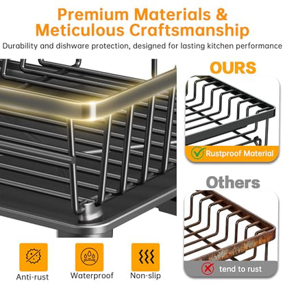 2 Tier Large Detachable Dish Drying Rack for Kitchen Counter,Black | Compact Drying Rack Kitchen, Rust-Resistant Dish Drainer Organizer, Space-Saving Dish Racks with Drainboard, Utensil Holder - color: 2 Tier-black