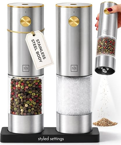 Styled Settings Electric Salt and Pepper Grinder Set Rechargeable, Silver | Electric Salt and Pepper Shaker Set with USB-C Port, LED Light, Adjustable Coarseness, One Touch Control, Automatic Grinder - color: Silver