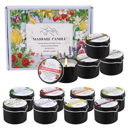 12-Pack Massage Candle Set - Low Temperature Soy Wax Melts into Silky Smooth Massage Oil, 1oz Aromatherapy Candles for Couples, Home Spa, Relaxation & Romantic Gifts (12 Scents) - color: 12Pack-Massage