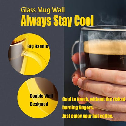 PunPun 17OZ. 500ml Clear Coffee Mugs, Glass for Coffee, Double Wall Insulated Glass Mugs with Big Handle, Every Day for Americano, Latte, Cappuccinos and Beverage.Set of 4 - color: 500ml / set of 4