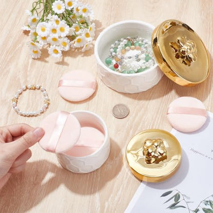 2 Pcs Jewelry Trinket Box, Ceramic Loose Dusting Cosmetic Storage Box with 4pcs Cosmetic Puffs Bee Lid Decorative Organizer for Women Jewelry Makeup Setting Applicator