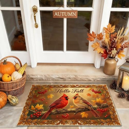 Cardinal Welcome Door Mat, Seasonal Rustic Leaves Berries Fall Brown Washable Low Profile Decorative Doormat for House Office Outside Inside Entrance Decor 29x17 Inch