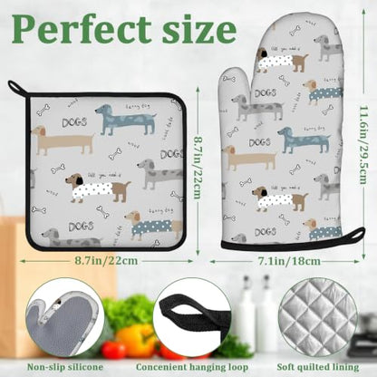 Cute Dachshund Dog Oven Mitts and Pot Holders Sets 4 Pcs Silicone Funny Kitchen Gloves Heat Resistant Potholders for Baking Grilling BBQ - color: Dachshund Dog