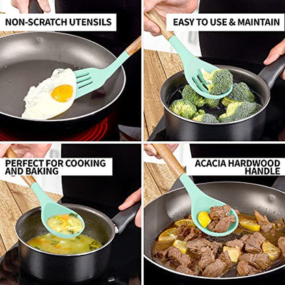 Zulay Kitchen 5 Piece Silicone Utensil Set | Non-Stick Silicone Cooking Utensils Set with Acacia Wood Handles - 464°F Heat Resistance Kitchen Utensils Set - Aqua - color: Sky Aqua, size: 5-Piece Set