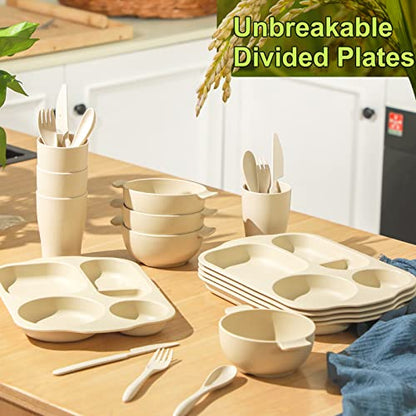 Honoson 24 Pcs Wheat Straw Dinnerware Cutlery Set, Service for 4, Unbreakable Plates and Bowls Set - Divided Plates, Bowls, Spoons, Forks & Knives, Microwave & Dishwasher Safe(Beige) - color: Beige