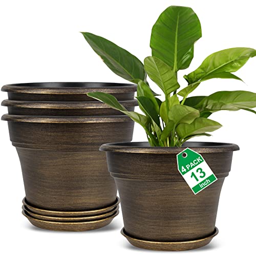Plant Planters Pots Set of 4 Pack 13 Inch，Large Plastic Flower Pot for Indoor Plants with Drainage Holes & Trays, Resin Decorative Container Sets with Saucer for House Outdoor Garden Plant Dark Gold - color: Gold, size: 13 inch-4 pack