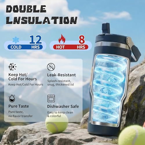 30oz Flip Straw Insulated Water Bottle with Handle, Leak Proof Stainless Steel Tumbler, Double Wall Vacuum Travel Coffee Mug for Cold Drinks, Gym Office Travel Essentials - color: Midnight Blue
