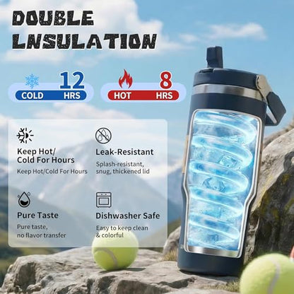 30oz Flip Straw Insulated Water Bottle with Handle, Leak Proof Stainless Steel Tumbler, Double Wall Vacuum Travel Coffee Mug for Cold Drinks, Gym Office Travel Essentials - color: Midnight Blue