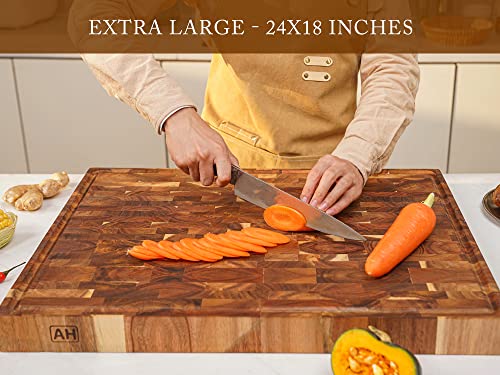 Acacia End Grain Wood Cutting Board 24x18x2 In Thick Butcher Block | Wooden Cutting Boards for Kitchen with Deep Juice Groove Thick End Grain Wooden Butcher Block Built-in Handle, Non-Slip Mat - size: 24"L x 18"W