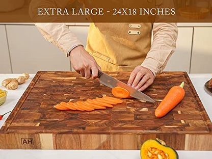 Acacia End Grain Wood Cutting Board 24x18x2 In Thick Butcher Block | Wooden Cutting Boards for Kitchen with Deep Juice Groove Thick End Grain Wooden Butcher Block Built-in Handle, Non-Slip Mat - size: 24"L x 18"W