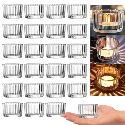 GOLDEAL Round Tealight Candle Holders,Set of 24 Clear Thick Glass Tea Light Candle Holder Decor,Candlestick for Wedding Decor,Party,Baby Shower Party,Bridal Shower Party,Table Centerpiece, Home Décor - color: Clear