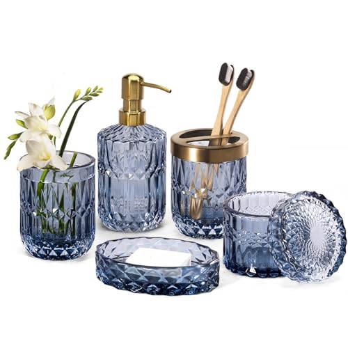 EMPO 6PCS Bathroom Clear Glass Accessories Set (Lotion Soap Dispenser, Soap Dish, Toothbrush Holder, Tumbler, Cotton Swab Jar), Contemporary Modern Decor Crystal Vintage Gift (6pcs Blue) - style: 6pcs Blue