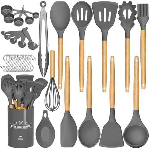 Umite Chef Kitchen Cooking Utensils Set, 33 pcs Non-stick Silicone Spatula Set with Holder, Woodle Handle Heat Resistant Gadgets Utensil (Gray) - color: Gray