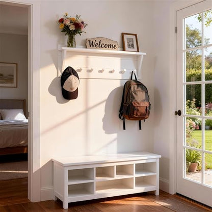 WEBI Coat Rack Wall Mount with Shelf,30" Long Entryway Wall Shelf with Hooks Underneath,7 Peg Hooks for Hanging Coats,Caps,Jacket,Clothes,White - color: White, size: 30 Inch