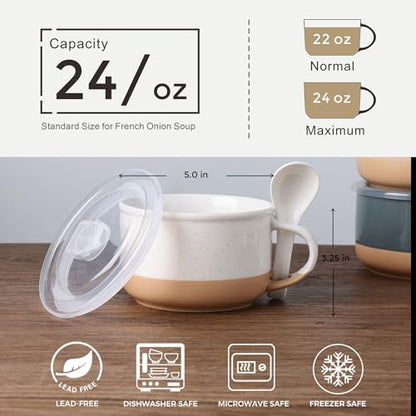 GBhome Ceramic Soup Mugs with Handles and Lids,24 OZ Soup Cups Set of 2 | Terracotta Underside,Mug Bowls with Spoon for Soup/Cereal/Salad/Noodles/Ramen/Microware &Dishwasher Safe-White &Peach - color: White &Peach