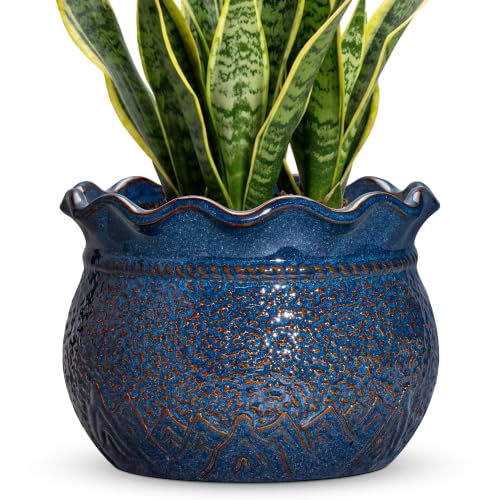 Ceramic Pots for Plants, 10 Inch Planter with Drainage, Retro Blue | Decorative Flower Pots for Indoor Plants, Unique Round Plant Pot, Office Entryway Decor, Garden Gifts Women - color: Retro Blue, size: 10 Inch