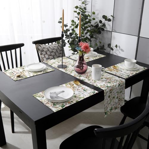 Table Runner and Placemats Set of 6 White Floral Leaves Decorative Dining Table Runner with Matching Placemats Butterfly Tree Branches Table Decor for Kitchen Dining Room and Everyday Use 13x70in - size: 13"x70"+6pcs