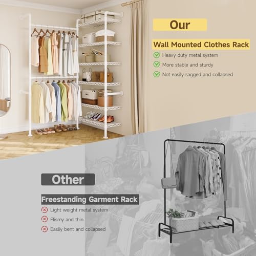L2 Wall Mounted Closet System, Industrial Pipe Clothing Rack, White | Metal Clothes Rack with 2 Telescopic Rods & 6 Shelves, Heavy Duty Closet Organizers for Wardrobe, Reach-in & Walk-in Closets - color: White