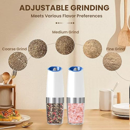 Battery Gravity Salt Pepper Grinder Set, 2 Pack (White) | Gravity Automatic Grinder With LED Light & Adjustable Roughness, Each Requires 6 AAA Batteries For Kitchen Daily Seasoning - color: Battery/Set/White