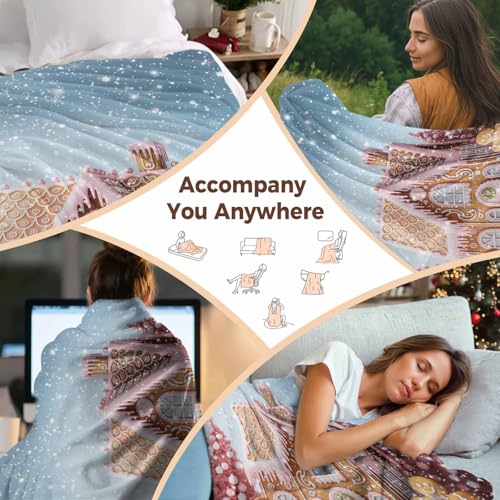 Pink Christmas Throw Blanket, Xmas Tree Gingerbread Man House Super Soft Warm Flannel Blankets for Bed Couch Sofa Fantasy Snow Scene Lightweight Fluffy Plush Bed Throws 50x60 Inch - color: Pink Blue, size: 50''x60''