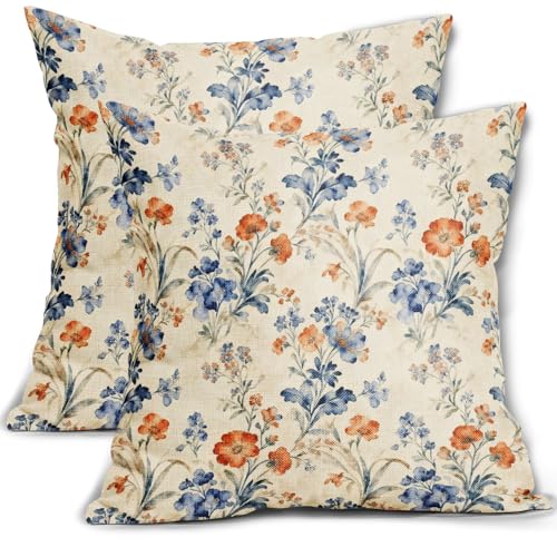 Blue Orange Fall Floral Pillow Covers 16x16 Inch Set of 2 Vintage Flowers Autumn Harvest Thanksgiving Decorative Throw Pillowcases Seasonal Farmhouse Outdoor Cushion Cases Sofa Couch Bed Decor - color: Blue Orange Cream-fall Floral, size: 16" x 16" (Pack