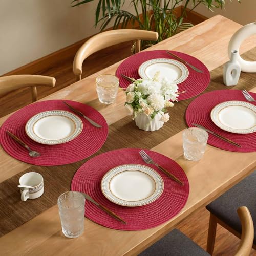 FunWheat Round Braided Placemats Set of 6 Place mats for Dining Tables Woven Heat Resistant Table Mats 15 inch (Wine) - color: Solid Wine, size: 6pcs