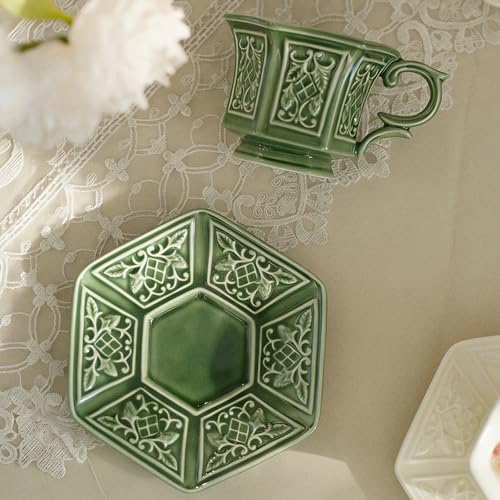 KAMMAK Tea Cups and Saucers Set of 2, 6 oz Porcelain Coffee Cups, SY004 | Stackable Espresso Mugs, Ceramic Demitasse for Coffee, Cappuccino, Latte, Americano, Tea - size: 8CZSY004