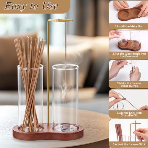 2 in 1 Incense Holder,Wood Incense Sticks Holder with Glass Ash Catcher and Brush,Upside Down Anti-Ash Incense Stick Burner for Spa,Meditation,Home Decor