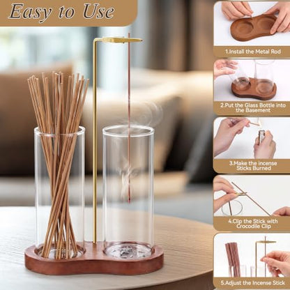 2 in 1 Incense Holder,Wood Incense Sticks Holder with Glass Ash Catcher and Brush,Upside Down Anti-Ash Incense Stick Burner for Spa,Meditation,Home Decor