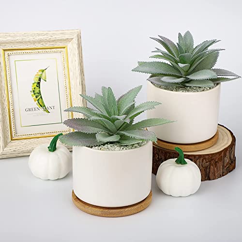 Hopewood Faux Agave Succulent Plant in Ceramic Pots Bamboo Tray, Set of 2 | Artificial Succulents Plants Faux Agave Greenery Fake Potted Plants for Bedroom Home Office Desk Living Room Decor - size: 2 Set Agave