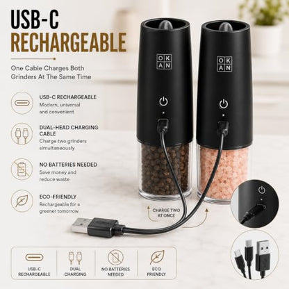 Automatic Electric Gravity Salt and Pepper Grinder Set, Rechargeable, One-Hand Operation, Dual USB-C Charging Cable, Adjustable Ceramic Burr, LED Light, 3.4 Oz - color: Black
