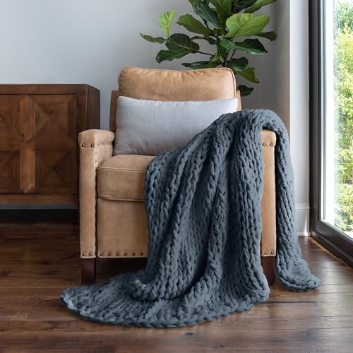 Merit Linens Chunky Knit Throw Blanket - One Size Stone - color: Chunky Hand-knit Stone