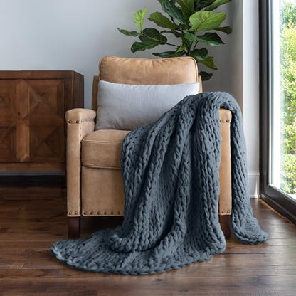 Merit Linens Chunky Knit Throw Blanket - One Size Stone - color: Chunky Hand-knit Stone