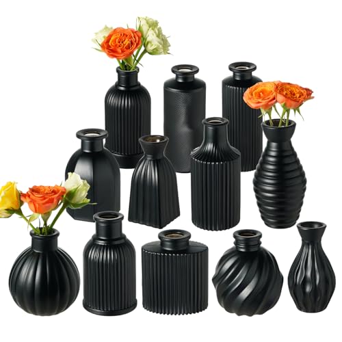 Black Vase, Bud Vases Set of 12 Small Glass Vase for Decor Centerpieces | Matte Ribbed Modern Vintage Flower Vases for Wedding Party Table Decoration Home Decor in Bulk - color: Matte Black, size: 1 Pack