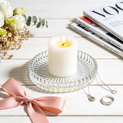 6 Pack Clear Glass Coasters Set for Candle and Drink, 4inch Decorative Pillar Candle Holder for Table Protection,Carved Design,Glass Round Cup Mat for Table Protection of Home (6Pack)