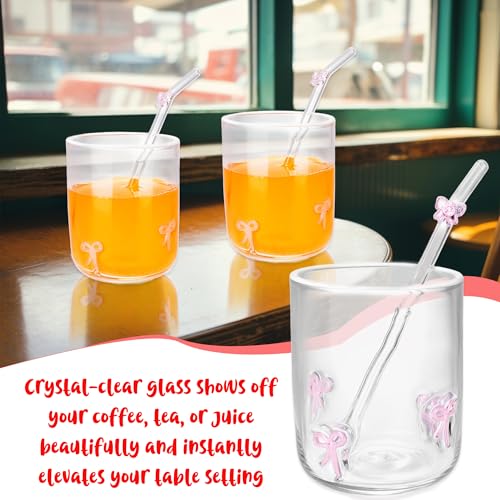 4 Set 14 oz Pink Bow Icon Glass Cup with Glass Straws 3D Aesthetic Cup Old Fashioned Icon Handblown Cup for Cold Drink Juice Office Women Friend Party Gifts Mom Daughter, Not Suitable for Hot Drinks