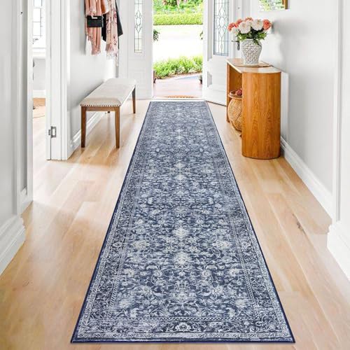 KILOCOCO Runner for Hallway 2.6x14 ft Washable Runner Non-Slip Rug, Blue | Printed Hallway Runners Rug, Non Skid Kitchen Runner Rug, Low Pile Runner for Bedroom Living Room, Soft Floral Hall Runners - color: Blue/Navy/White, size: 2'7" x 14' (Runner)